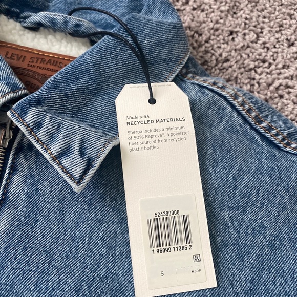 New Levi's Premium Big E Men Sherpa Lined Hybrid Denim Trucker Jean Jacket Small - Picture 6 of 8